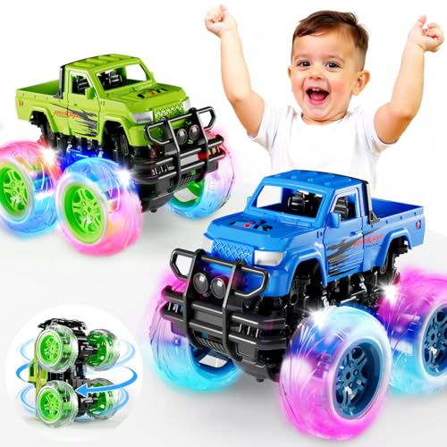 Winstico 2 Pack Monster Truck Light Up Toy Cars - Toys for 2 3 Year Old Boys Gifts - Pull Back Truck Cars for Toddler Boys Toys Age 2 3 4 5 - Birthday Gifts for 2-4 Year Old Boy