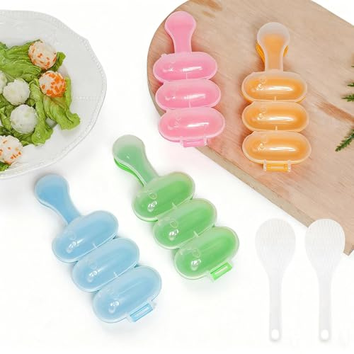 WJUAN 4 Stück Onigiri Form, PP Reis Ball Maker, mit 2 Reislöffeln, Sushi Form mit Griff, 4 Farben, Reisbällchen Former, für Zuhause, Sushi-Restaurant, Party