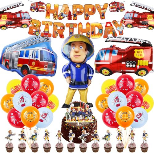 39 Stück Feuerwehrmann Geburtstag Deko, Feuerwehr Luftballon Geburtstagsdeko, Kindergeburtstag Deko mit Latexballons Cupcake Topper Kuchentopper Happy Birthday Banner Folienballons