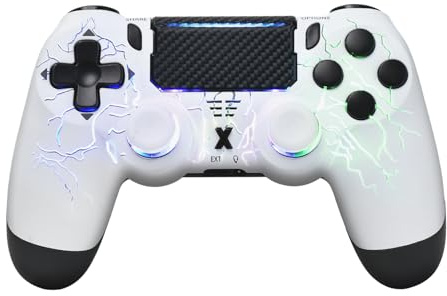 mone Controlador inalámbrico para PS4/PS4 Pro/PS4 Slim y PC, iluminación RGB con patrón de rayo blanco, palanca de mando de efecto Hall, vibración dual, giroscopio de 6 ejes, almohadilla táctil, ideal