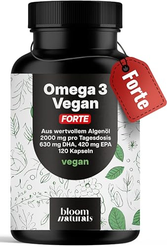 Omega 3 Kapseln FORTE hochdosiert – 120 Kapseln – 2000 mg Algenöl pro Tag | 630 mg DHA & 420 mg EPA – vegan, produziert in Deutschland, laborgeprüft