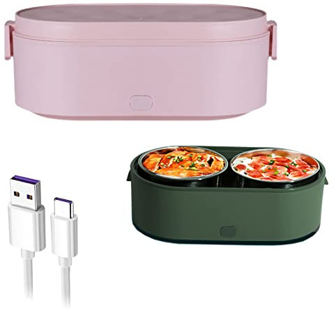 Contenitore per il pranzo elettrico portatile, alimentato tramite USB, con 2 contenitori in acciaio inox, mini forno a microonde e scaldavivande per pasti in viaggio