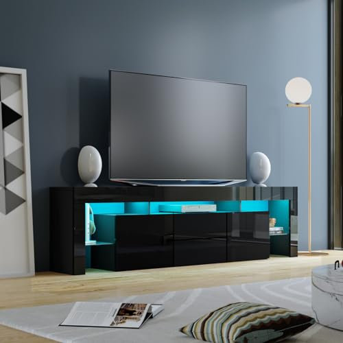 Meuble TV LED moderne noir brillant de 200 cm avec 2 tiroirs et 2 portes Meuble TV pour chambre à coucher, salon, meubles de maison