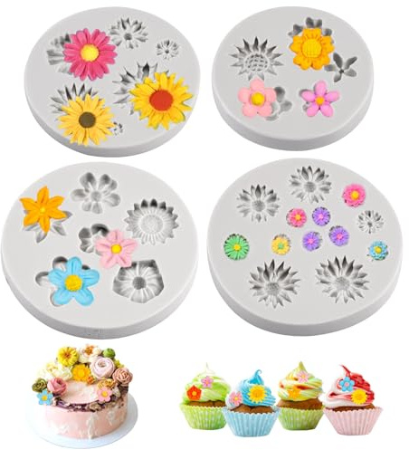 Dhisperares 4 Stück 3D Silikonform Blumen, Gänseblümchen-Silikonform | Antihaftbeschichtet, Mini Blumen Silikon Gießformen für Schokolade, Fondant, Kuchendekoration, Dessertdekoration