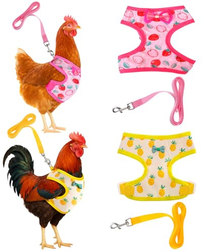 2 Pcs Adjustable Chicken Harness and Leash Set, Comfortable Chicken Vest Elastic Hen Vest with Strawberry Pineapple Print for Small Pets Duck Goose Hen Training Walking Supplies