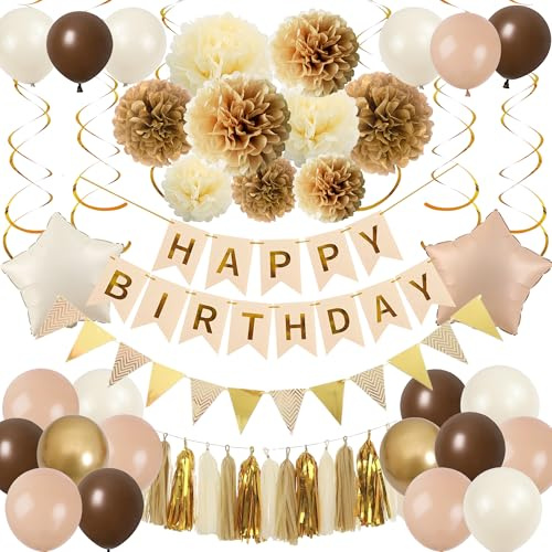 Xietaea Deko Geburtstag Girlande Ballons - Holz Boho Geburtstagsdeko Luftballons Papier Pompons Quasten, Glitzer Wimpel und Hängende Wirbel zum Geburtstagsfeier Dekoration