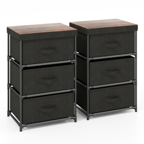 GIANTEX Nachttisch 2er Set, Kleine Kommode Nachtkommode mit Schubladen, Schubladenschrank Nachtschrank aus Stoff & Metallrahmen, Kleiner Schrank Beistellschrank 3 Etagen mit Tablett (Schwarz)