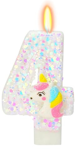 DazzJoy Einhorn Geburtstagskerzen Zahlen 4, Einhorn Kerze 4 Geburtstag Mädchen, Unicorn Geburtstagskerze 4. Geburtstag Mädchen, Unicorn Tortendeko Geburtstagsdeko 4 Jahre, Kerzen Zahlen 4 Weiß