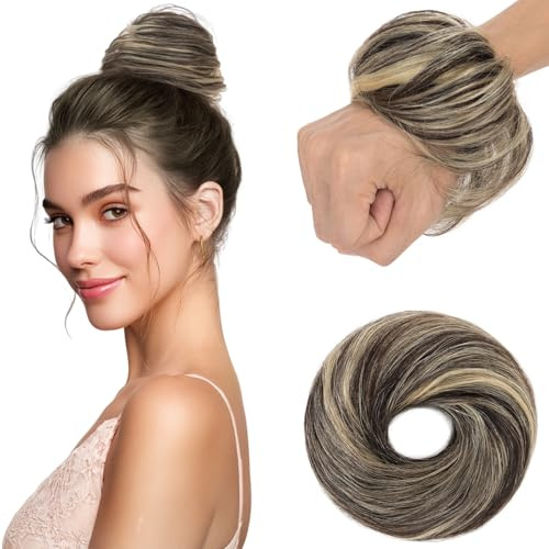 Elailite Echthaar Dutt Haarteil Haarteile Dutt Zopf Mit Gummiband Balayage Balayage Naturschwarz/Hellblond Haargummi Mit Haaren Haarverlängerung Glatt Bun Für Damen 17g