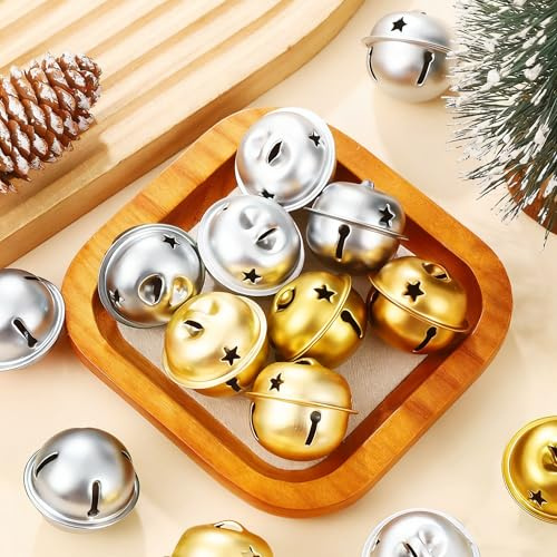 HERZONE 4cm Glöckchen Metallglöckchen 24pcs Schellen, Weihnachtsglöckchen Deko Glöckchen zum Basteln (Gold Silver)
