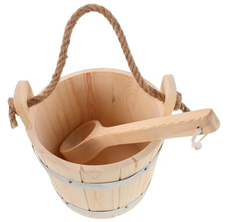GAROZATION Wood Sauna Bucket and Ladle Set for Steam Room Use Natural Wooden Barrel Water Dipper Spoon High-temperature Resistant Sauna Accessories and Spa Bath