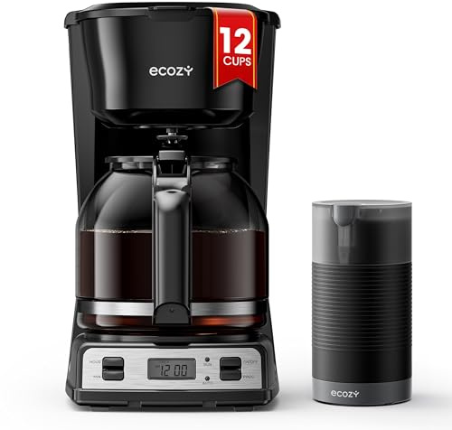 ecozy 12-Cup Drip Coffee Maker with Electric Coffee Grinder Combos, Programmable Coffee Machine with Washable Basket Filter, Auto Shutoff Function, No Drip Pause & Pour, Brezzano DuoSet