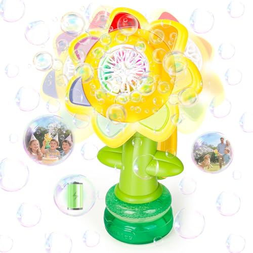 Seifenblasenmaschine für Kinder, Wiederaufladbare Sonnenblume mit LED-Licht | 3 Modi, LED-Lichter, 360° Auslaufsicher, Wiederaufladbarer Akku, Tanzende Sonnenblumenkopf, Automatischer Seifenblasenausstoß