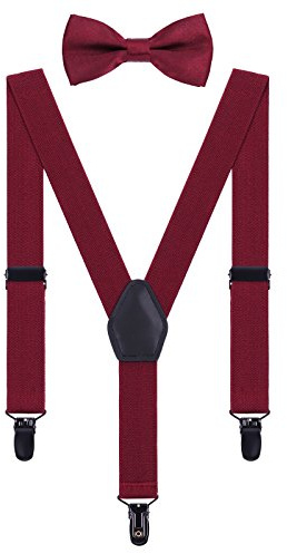 WANYING Set di Bretelle e Papillon per Unisex Bimbi Bambini da 1 a 5, Forma di Y Larghe 2,5 cm Bretelle con 3 Nere Clip Elastico e Regolabile - Bordeaux