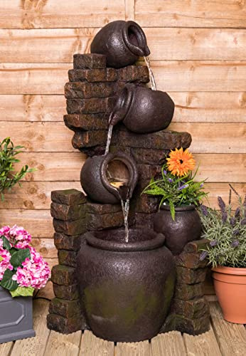 Primrose 120cm Stone Effect 3 Tier York Cascading Jars Water Fountain with LED Lights and Planter Outdoor Feature