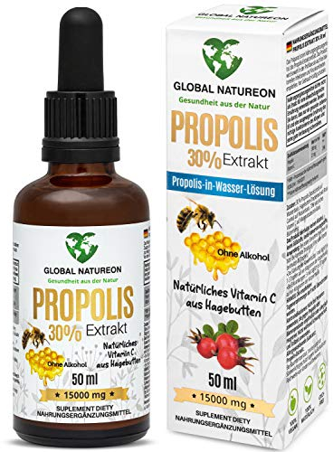 Propolis-in-Wasser-Lösung Extrakt 30% ohne Alkohol (50 ml) Tinktur für Kinder & Tiere geeignet, natürliches Vitamin C aus Hagebutten, Polyphenolen, Flavonoiden und Bioflavonoiden, 100% natürlich,