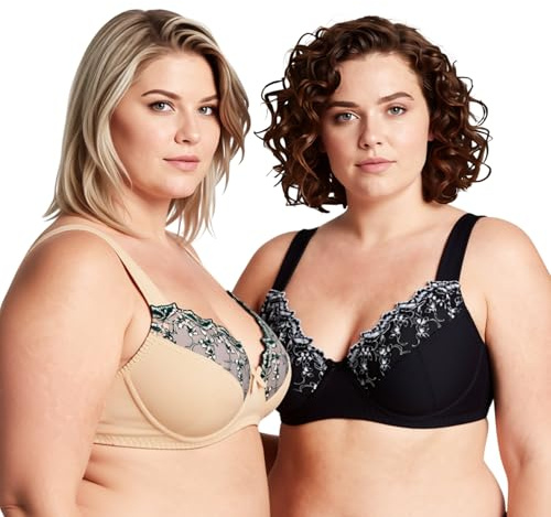 Curve Muse Kvinnors Extra stor storlek Minimizer Bygel-bh med spetsbroderi-2-Packa-Naken, Svart-90F