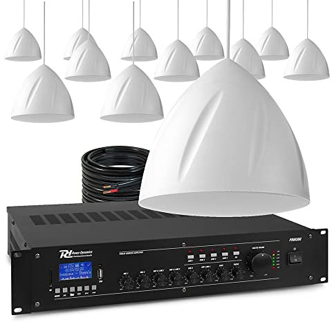Power Dynamics Hanging Pendant Speaker System with 4-Zone Mixer Amplifier - 12x White 5.25 100V Speakers, Bluetooth PA for Warehouse, Retail & Church Audio Installation