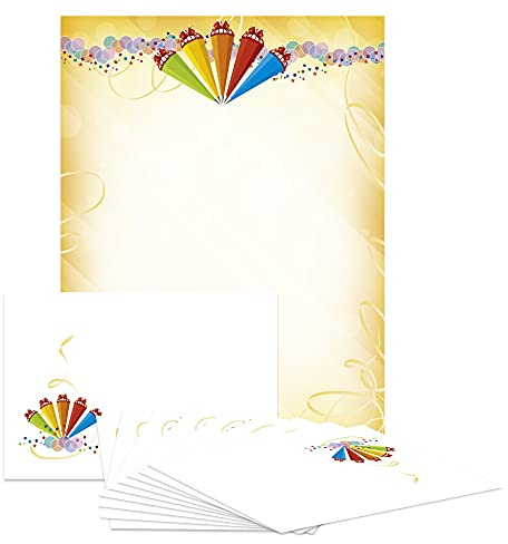 Briefpapier-Set Zuckertüten DS108 – 10 Blatt Designpapier, 10 Umschläge B6 mit Motiv bedruckt – Hochwertiges Motivpapier, Jubiläum, Einladung, Schulanfang Schuleingang, Zuckertüten – 90 g/m²