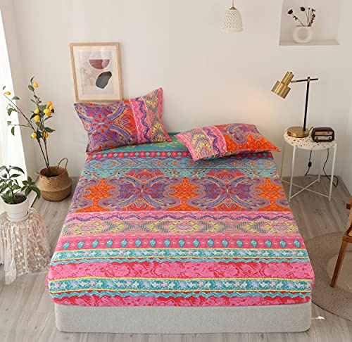 Damier Bohemian Spannbettlaken 90x200cm Indisch Mandala Muster Spannbetttuch Weiche Mikrofaser Boxspringbett Bettlaken geeignet für Matratzen von 30cm