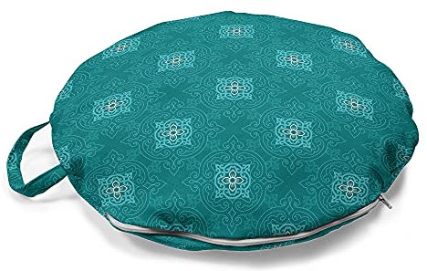 ABAKUHAUS marokkanisch Rundes Bodenkissen mit Griff, Timeless Orient Motive, dekoratives Kissen für Wohnzimmer & Schlafsäle, 45 cm, Teal Blassblau Weiß