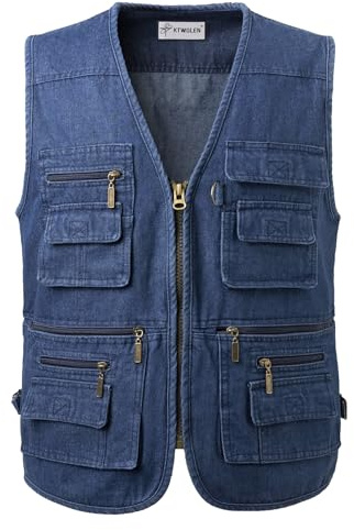 KTWOLEN Men's Denim Gilets Multi Pocket Sleeveless Jeans Jacket Heavyweight Cowboy Denim Waistcoat Motorcycle Jeans Vest Work Gilets