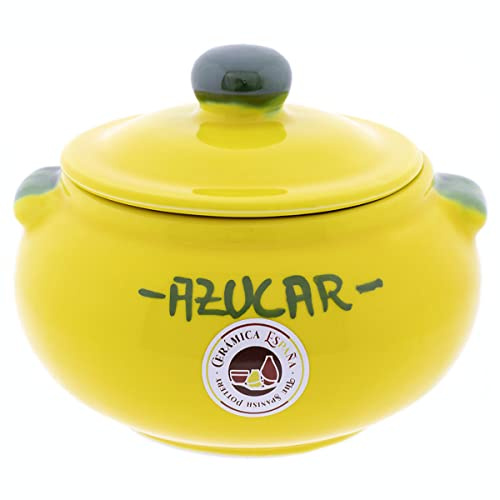 CERÁMICA ESPAÑA | Azucarero rústico cerámica | Tarros de cocina | Tarros originales | Azucarero cocina amarillo decorado - Modelo M01 | 100% Decorado a Mano | 16x16x14 cm