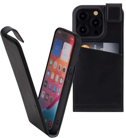 Suncase Original Flip-Style (Ultra-Slim) kompatibel mit iPhone 15 Pro Max (6,7 Zoll) Hülle Ledertasche Tasche Schutzhülle Case Cover Hülle in schwarz