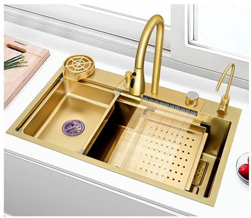 Fregadero De Cocina Dorado Grande, con Cascada, Grifo Extraíble, Grifo para Beber, Lavavasos Y Kits De Drenaje, Fregadero De Cocina De Un Solo Tazón De Acero Inoxidable 304 (Color : Gold, S : 80x45x