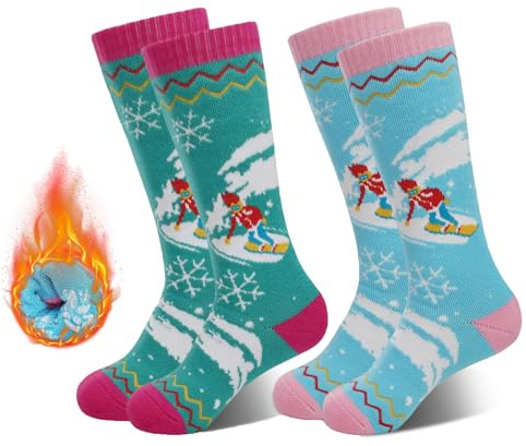 HYCLES Calcetines de esquí para niños y niñas, 2 pares de calcetines térmicos coloridos y cálidos, calcetines de esquí para niños, suaves y transpirables, para invierno, para esquiar, patinar