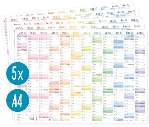 Häfft® 5 x Wandkalender 2025 A4 quer Rainbow + Jahresübersicht 2026 auf der Rückseite - Tafelkalender, Jahresplaner, Jahreskalender, Tischkalender mit Feiertagen - nachhaltig & klimafreundlich