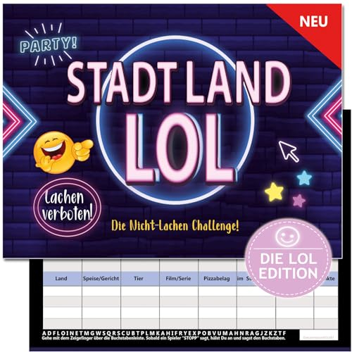 KARTENVERSAND24 Stadt Land LOL Spiel Nicht lachen Spiele Fluss Challenge wer lacht verliert Geschenk Partyspiel Mädchen Jungen Teenager Erwachsene Kinder ab Jahren Edition Block (Klassische Ausgabe)