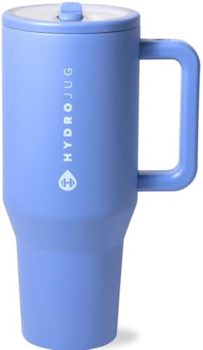 HydroJug Traveler - 40 oz Water Bottle with Handle & Flip Straw - Fits in Cup Holder, Leak Resistant Tumbler-Reusable Insulated Stainless Steel & Rubber Base - Gifts for Women & Men, Light Blue