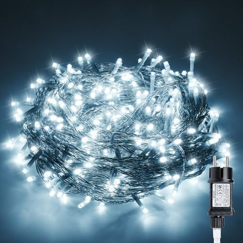 Gresonic Lichterkette Außen 10m 100LED, Kaltes Weiß Lichterkette Außen Strom, Transparente Kabel, Wasserdicht beleuchtung für Außen Innen Garten Baum Weihnachten