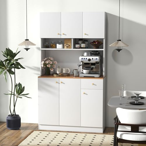 RELAX4LIFE Mobile Dispensa da Cucina, Armadio di Stoccaggio Alto 181 cm con 6 Ante, Cassetto Estraibile, Ripiani Regolabili a 3 Livelli, Prese Elettriche, Porte USB, Kit Antiribaltamento (BIANCO)