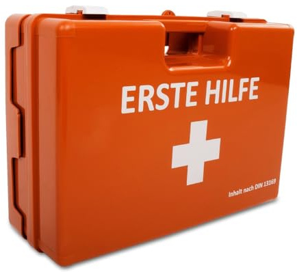 KARAT Trousse de Premiers Secours Moyenne DIN 13169 pour Entreprise & Domicile - Kit de Secours Complet avec Support Mural pour Bureaux Restauration, Capacité jusqu'à 100 Personnes (32 x 22 x 13 cm)