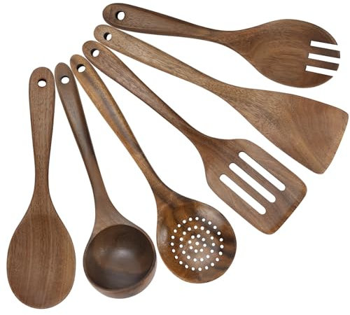 HMIEPRS 6Pcs Wooden Kitchen Utensils Set, Non-Stick Natural Wooden Spoons for Cooking, Heat Resistant Kitchen Essentials Cooking Utensils Set Including Wood Spatula Spoon Salad Fork