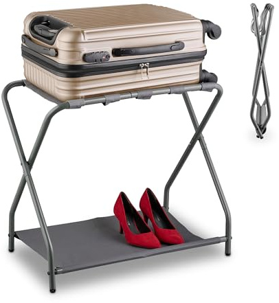 Relaxdays Portavaligie da Camera, Stand Pieghevole Reggivaligia, Porta Valigie da Hotel, 58x66x38 cm, Acciaio, Grigio
