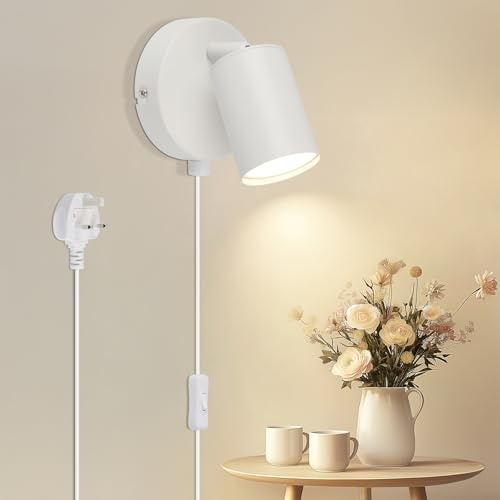 TaFiCo White Plug in Wall Light for Bedroom GU10 - Modern Plug in Wall Lamp with Plug 350° Rotatable - Indoor Wall Sconce Light with Switch - Wall Lights for Living Room Kitchen - Bulb Not Included