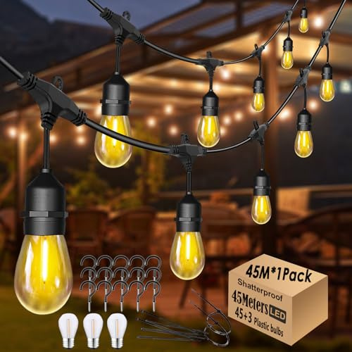 Festoon Lights Outdoor 45M Garden String Lights with 48 S14 2700K 1W Bulbs | IP65 Waterproof&Shatterproof,Linkable,AC230V,1PACK Led String Lights for Outside pergola Fence Backyard