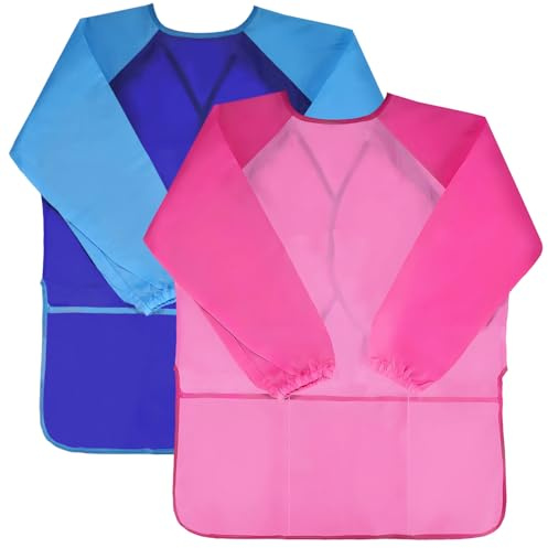Cecliy Kids Art Smocks 2 Pack, Waterproof Painting Aprons for Children, Long Sleeve Art Smock with 3 Pockets for Ages 3-8 Years (Paints and Brushes Not Included)