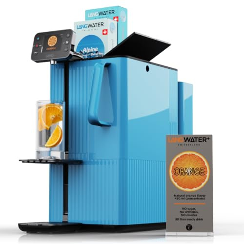 LANGWATER Autisch Osmoseanlage mit anpassbarer Mineralisierung und Aroma | Umkehrosmoseanlage mit UV, Heißwasserspender & Mineralien aus 2 Swiss-made Mineral-Packs und Orange. Keine Installation