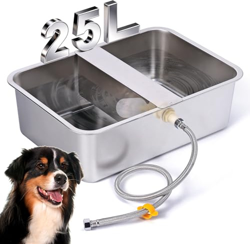 25 L Distributeur Automatique d'eau pour Chiens avec Valve à Flotteur, Abreuvoir ExtéRieur pour Deux Grands Chiens, Bol à Eau pour Chiot en Acier Inoxydable à Gravité (Remplissage Automatique)