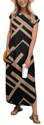 PrinStory Abito estivo da donna, senza maniche, con tasche, girocollo, da spiaggia, Rettangolo nero, M