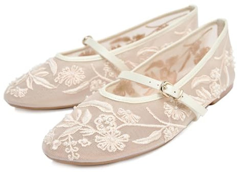 MAVMAX Nude Mesh Ballet Flats for Women Tulle Floral Embroidered Mary Jane Ballerina Round Toe Comfortable Daily Dress Ballet Flats Shoes with Strap, White Buckle, 6 UK
