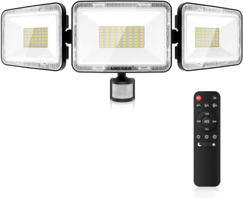 MEIKEE Foco LED con Sensor de Movimiento 70W 6580LM 6500K Blanco Frío Focos Led Exterior con Detector 3 Cabezas Luz de Seguridad Mando a distancia IP66 Impermeable para Jardín Patio Garaje Entrada