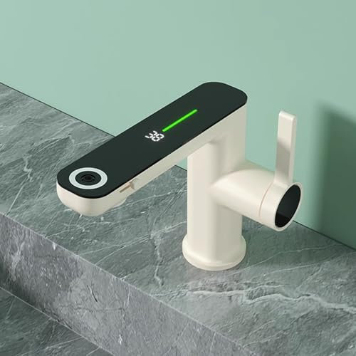Grifo de lavabo de baño con pantalla LED, 2 modos de pulverización de agua, doble control de calor y frío, grifo de tocador de cocina con mangueras de suministro de agua