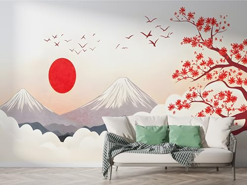 Boceoey Papier Peint Panoramique Mont Fuji Japon - Papier Peint Intissé Autocollant - Fleur De Cerisier Japonais Décoration Murale - Adhésif Mural pour Salon Chambre, 100x70 cm - M-517