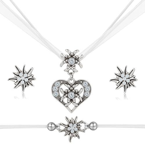 TOWLEING 4 Stück Trachtenschmuck Damen Edelweiß Trachtenkette Armband Ohrstecker Dirndl Schmuck Elegantes Dirndl Schmuck Damen für Dirndl oder Lederhose Hochwertiges Trachtenschmuck Set