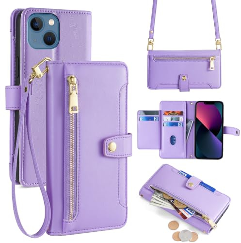ERDARIPRO fodral för Huawei Pura 80 med bärband, flip plånbok mobiltelefonfodral med magnetisk dragkedja [6 kortplatser + 1 kontantfack] folio av lyxigt veganskt läder viola